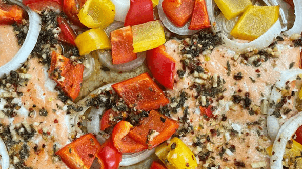grilled salmon with peppers and onions